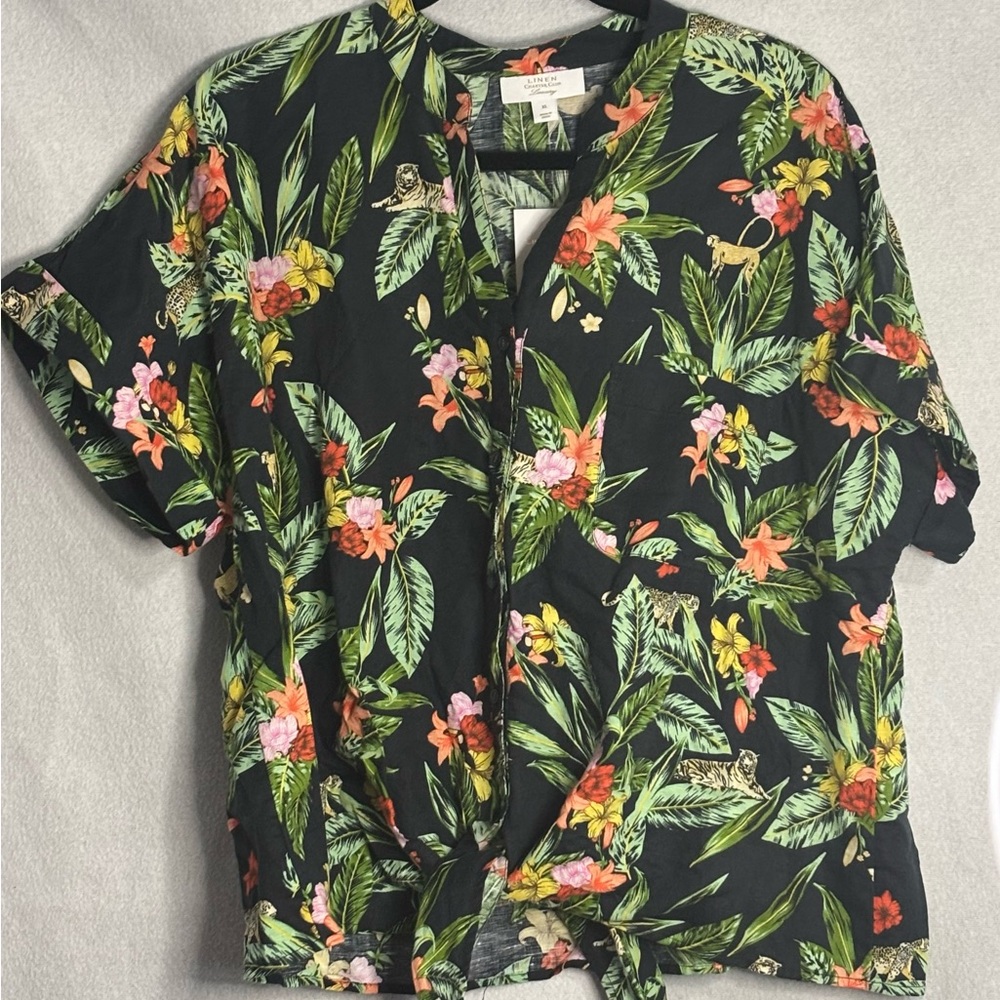 Charter Club Black Floral Button Down Shirt NWT